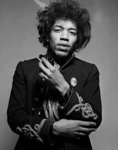 "Shot during my first session with Jimi at my Studio in early 1967, this fantastic outfit was overshadowed by the famous military jacket at the time." —Gered Mankowitz